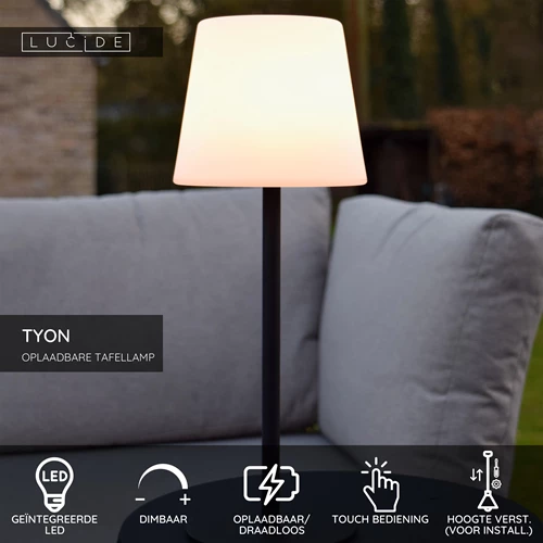 Lucide TYON - Oplaadbare Tafellamp Binnen/Buiten - Accu/Batterij - LED Dimb. - 1x2W 2700K - IP65 - Zwart - USP